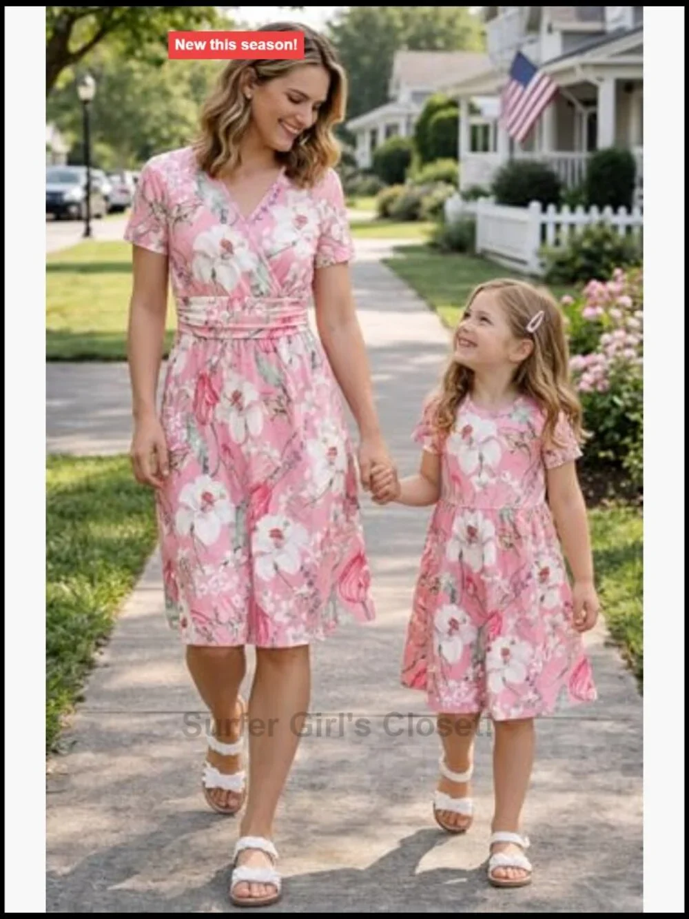 Matching Mother Daughter Floral Midi Dresses Short Sleeve Crew Neck with Pockets